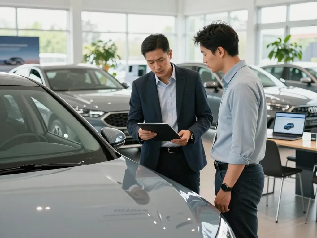 Kundenberatung zur Autohandel Fahrzeugbewertung in modernem Autohaus