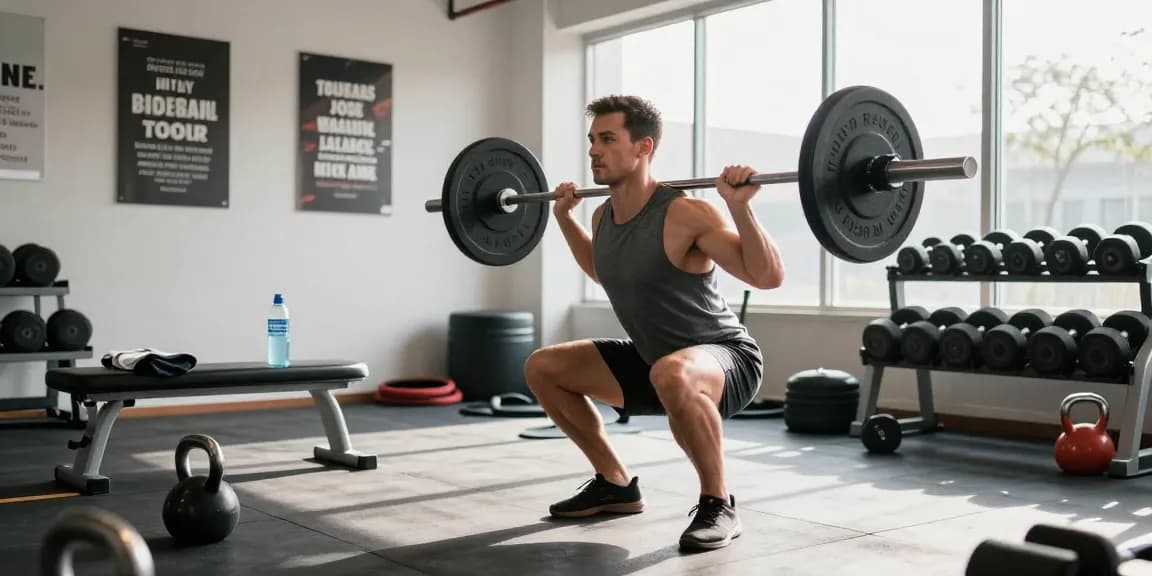 Anaboles Training mit Höhepunkten im Anabolika Shop Deutschland, das einen engagierten Bodybuilder zeigt, der Kniebeugen mit Fitnessgeräten in einer lebhaften Umgebung ausführt.