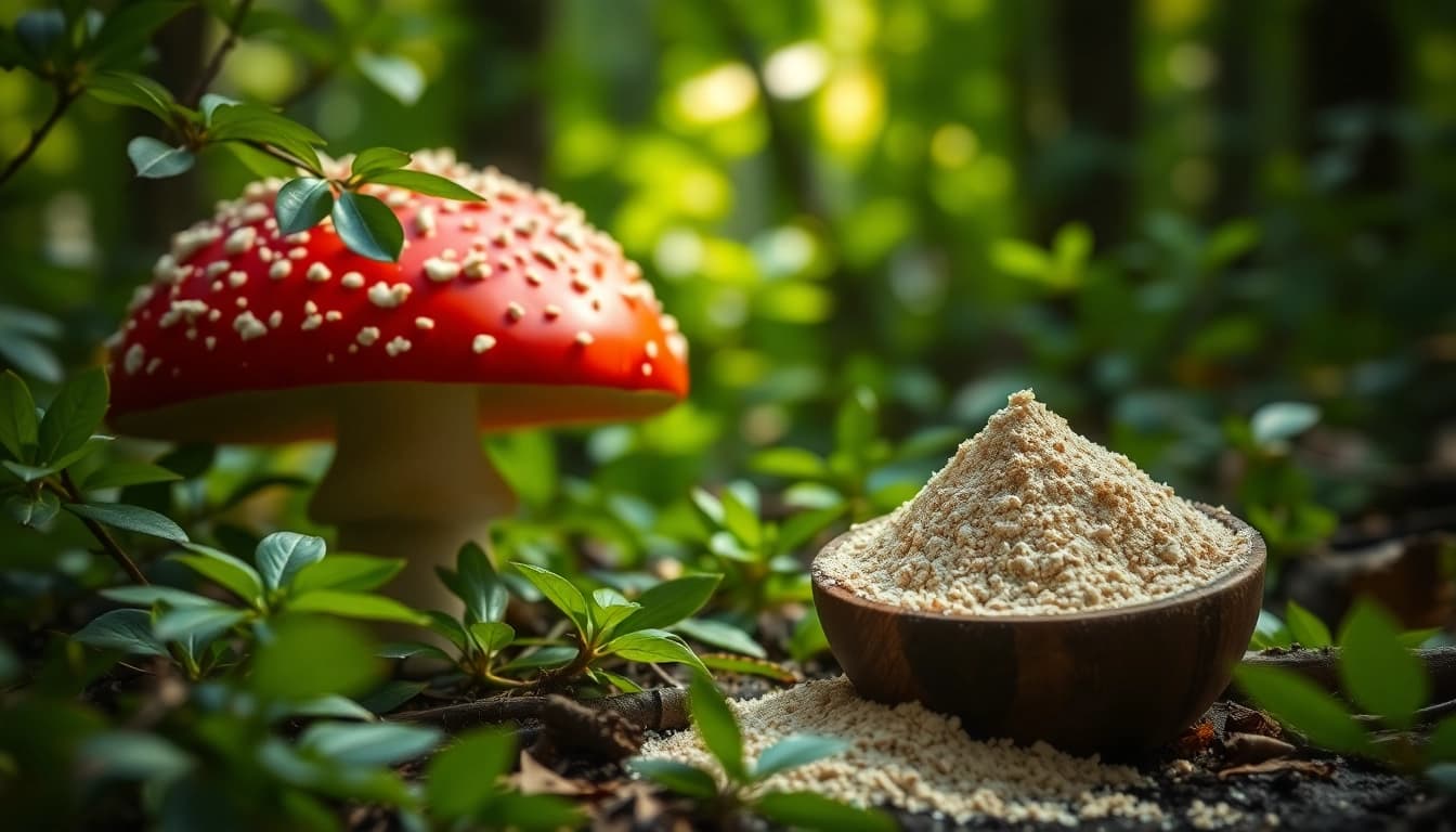 Fliegenpilz pulver in einer natürlichen Umgebung, leuchtend rote Kappe der Amanita muscaria im Hintergrund.