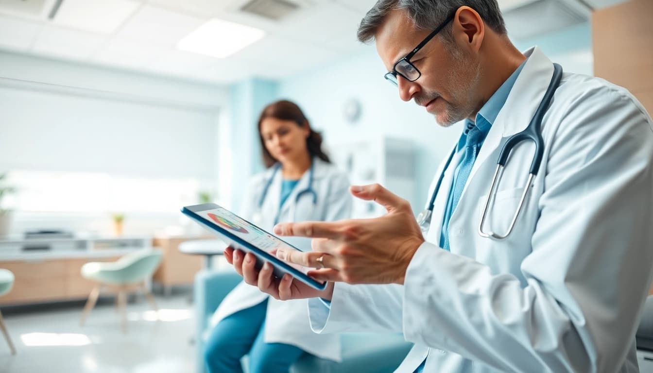 Die Interaktion bei driada medical zeigt einen Arzt und Patienten in einer modernen Klinik.