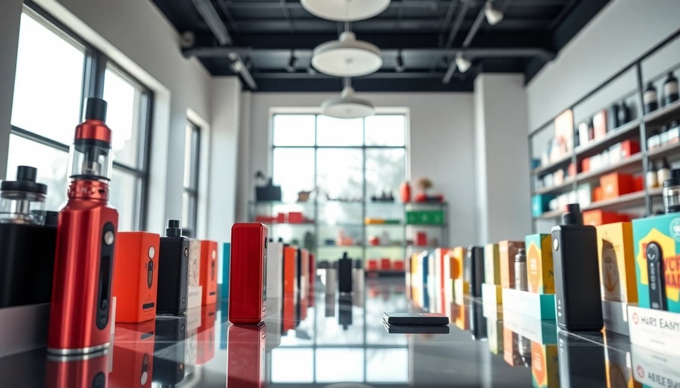 hqd surv Produkte in einem modernen Vape Shop für einladende Atmosphäre präsentieren.