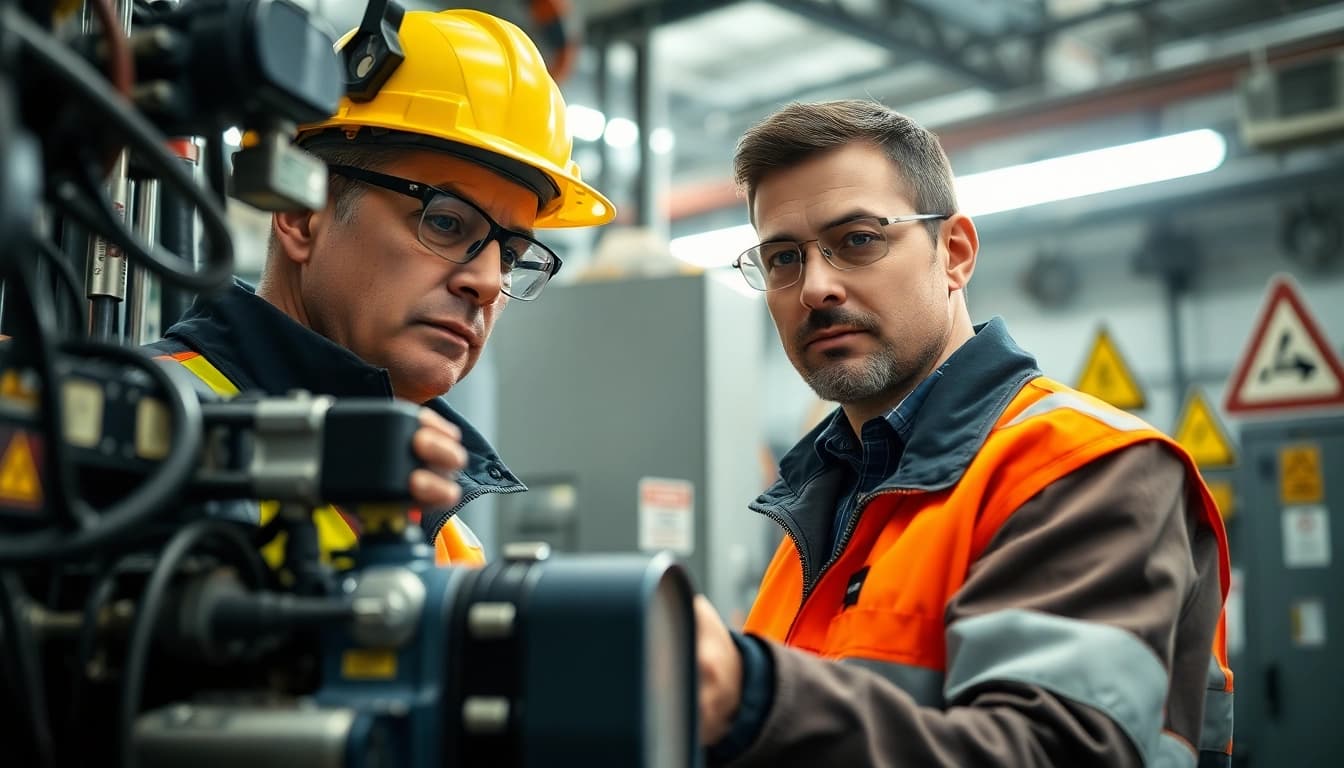 Technician performing DGUV V3 Prüfung with safety gear at an industrial site.