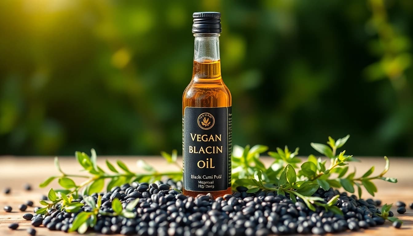Veganes Schwarzkümmelöl und frische Kräuter auf einem Tisch
