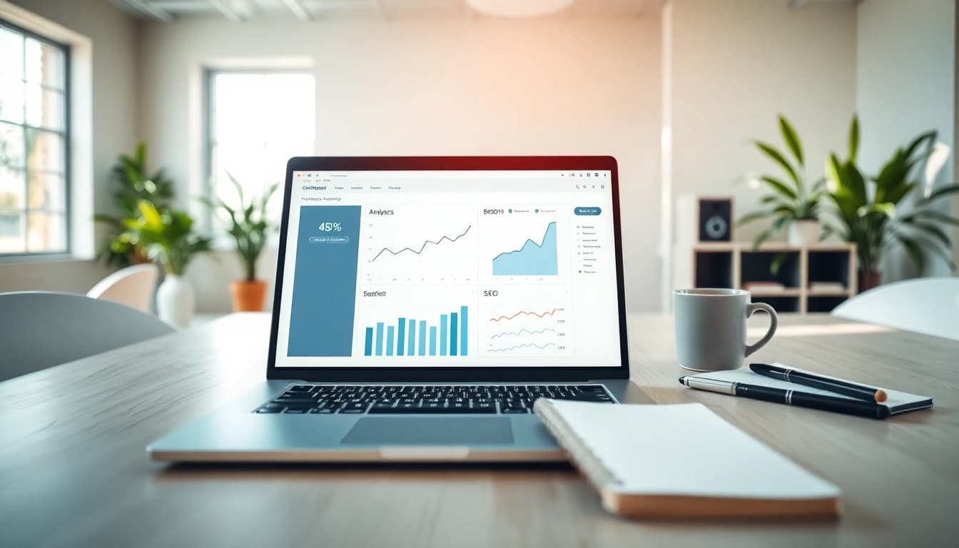 SEO Tipps für maximale Sichtbarkeit - Digitale Marketing-Workspace mit Laptop und Analysewerkzeugen