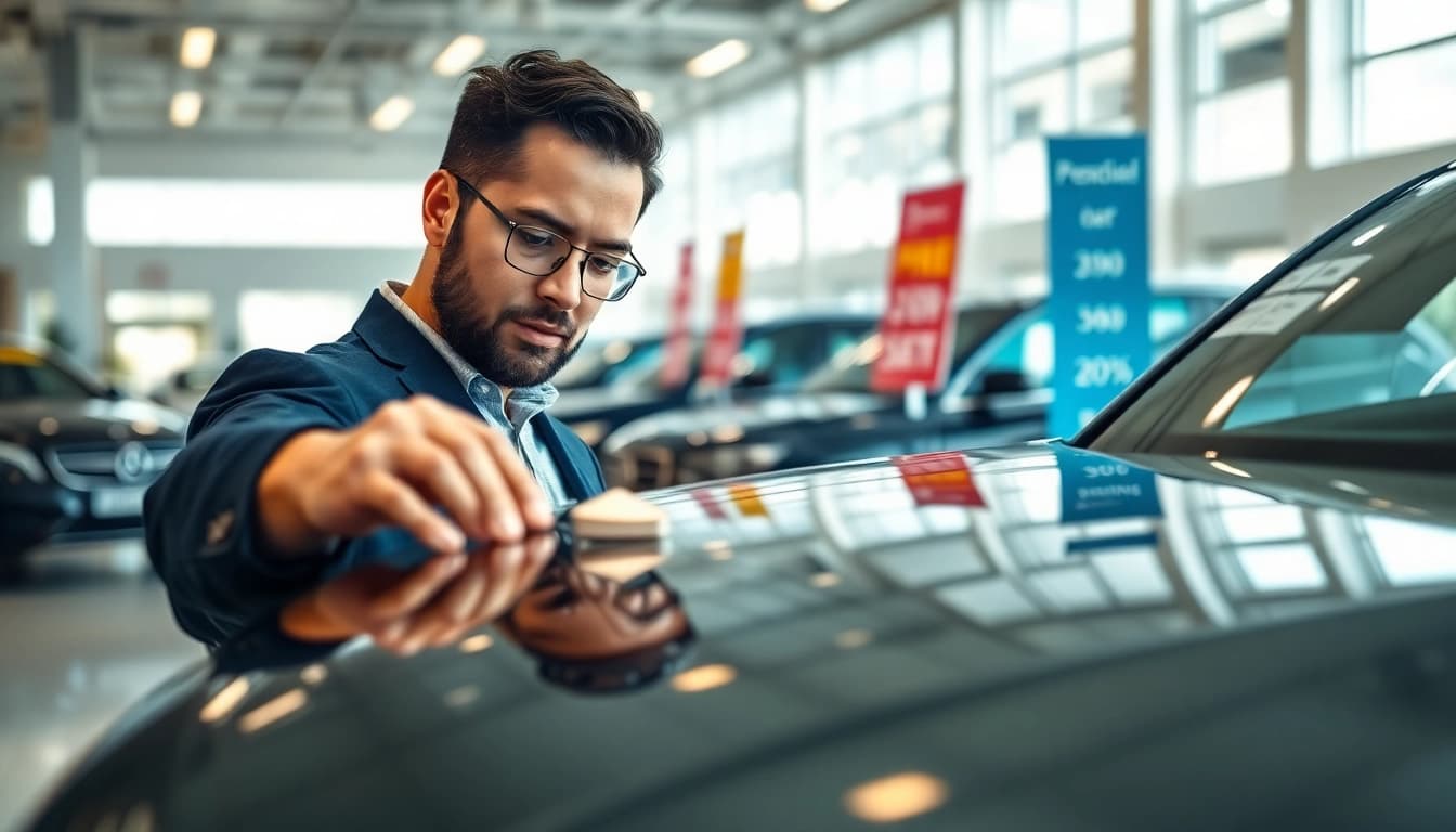 Autoankauf eines professionellen Händlers, der ein Fahrzeug in einem modernen Autohaus inspiziert.