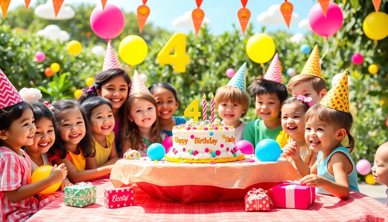 Kindergeburtstag 4 Jahre: Kinder feiern einen bunten Geburtstag mit Spielen und Kuchen.