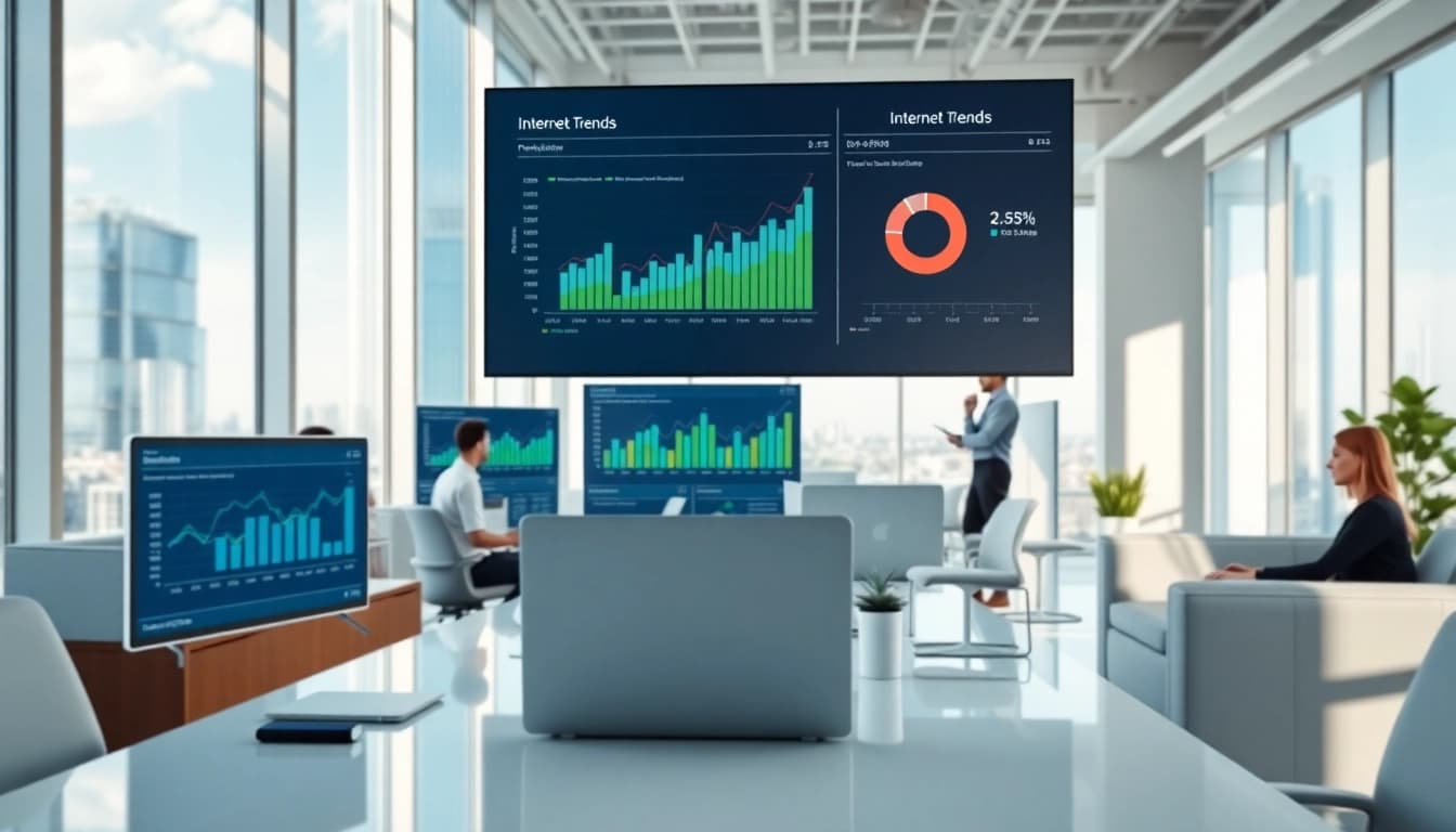Analyse der Internet Trends mit digitalen Geräten in modernem Büro.