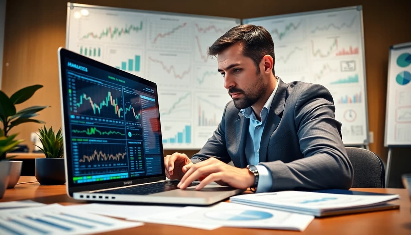 Aktienanalysen durch einen Finanzanalysten, umgeben von Diagrammen und Marktdaten.
