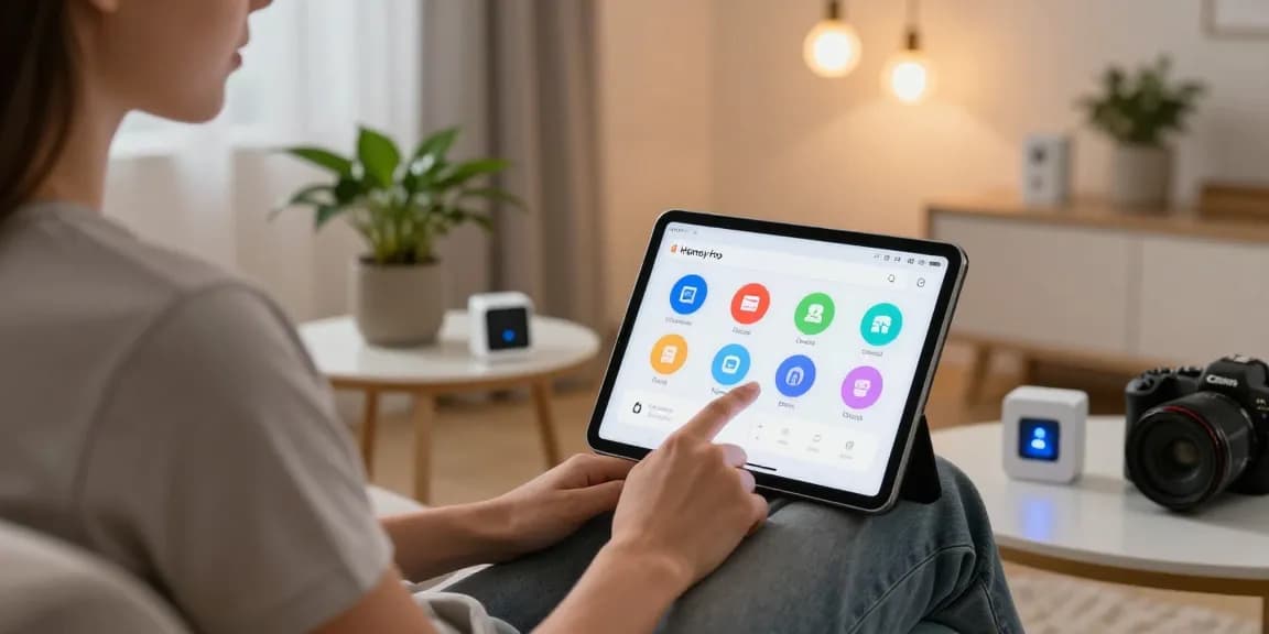 Homey Pro Erfahrungen showcased on a tablet in a modern living room with smart home devices