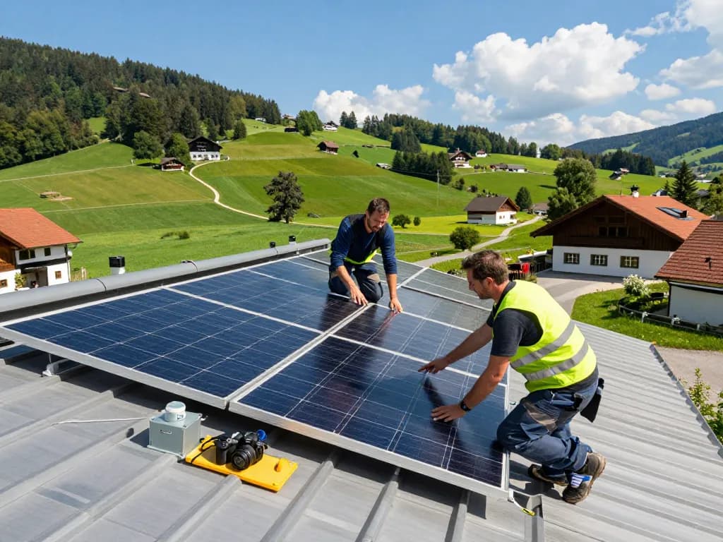 Photovoltaik Bayern Installation mit Technikern auf einem sonnigen Dach im bayerischen Umland.