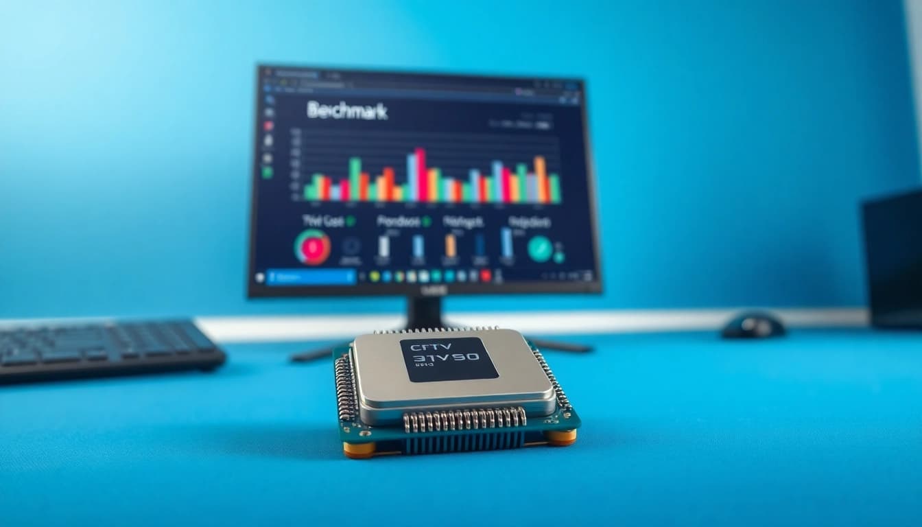 Prozessor Vergleich mit modernem Desktop-Setup und Benchmark-Software im Vordergrund.