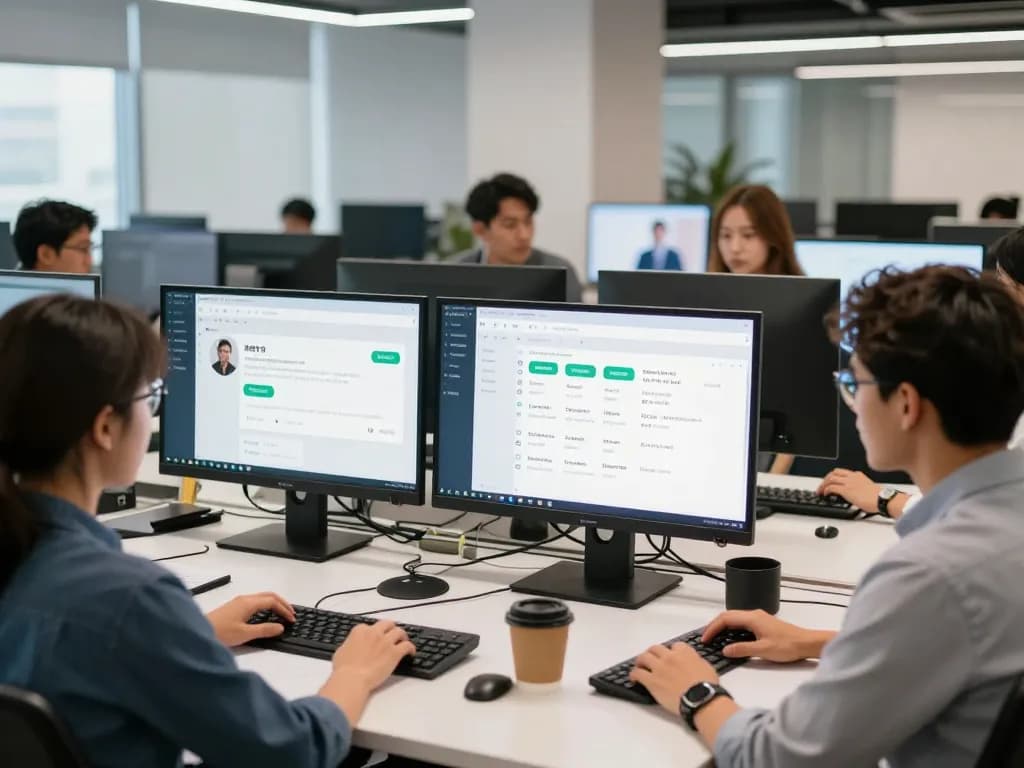 团队在现代办公室环境中使用易翻译下载软件进行多语言客户服务的协作。
