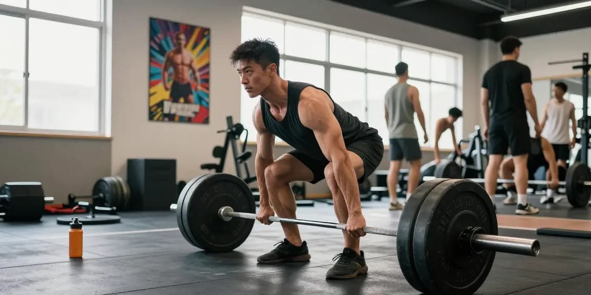 Bodybuilder im Anabolika Shop beim kraftvollen Deadlift-Training in hellem Fitnessstudio.