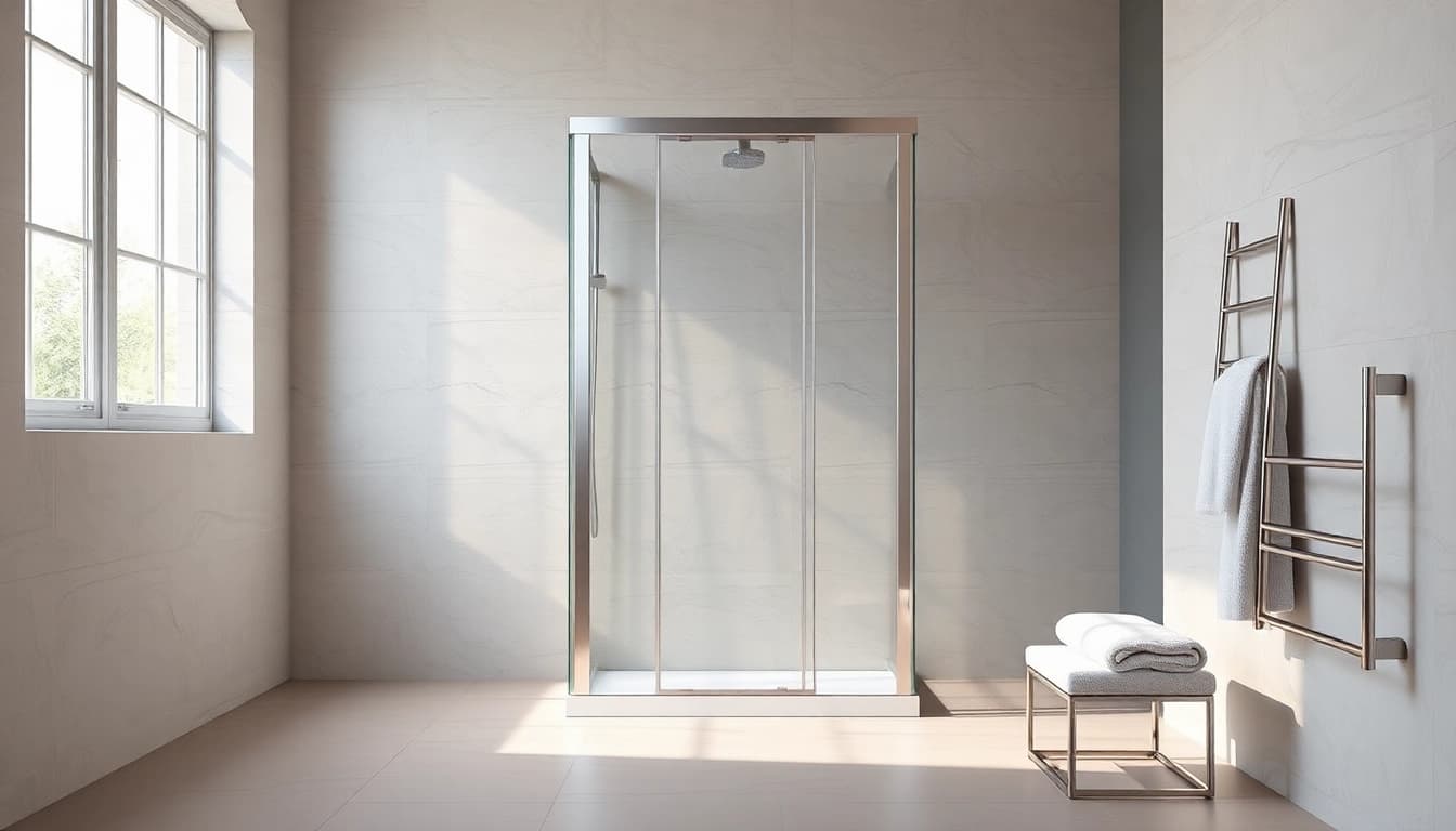 Elegante sonni Duschkabine 90x90 in einem modernen Badezimmer mit natürlicher Beleuchtung und stilvollen Akzenten.