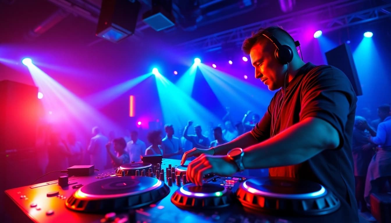 DJ in München entertains a lively crowd at a vibrant club event.