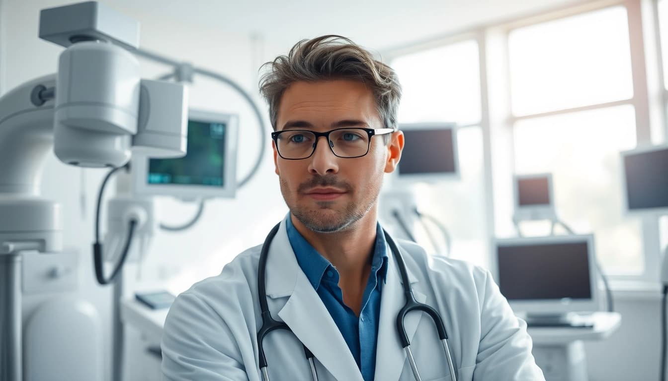 Driada medical: Arzt untersucht Patient in modernem Gesundheitsumfeld mit hochmodernen Geräten.