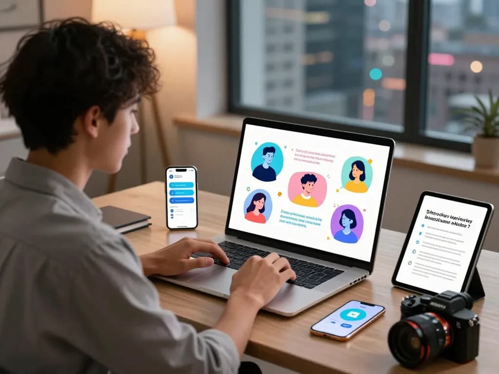 Person engaging in sexting ai conversation with chatbot in a modern office.