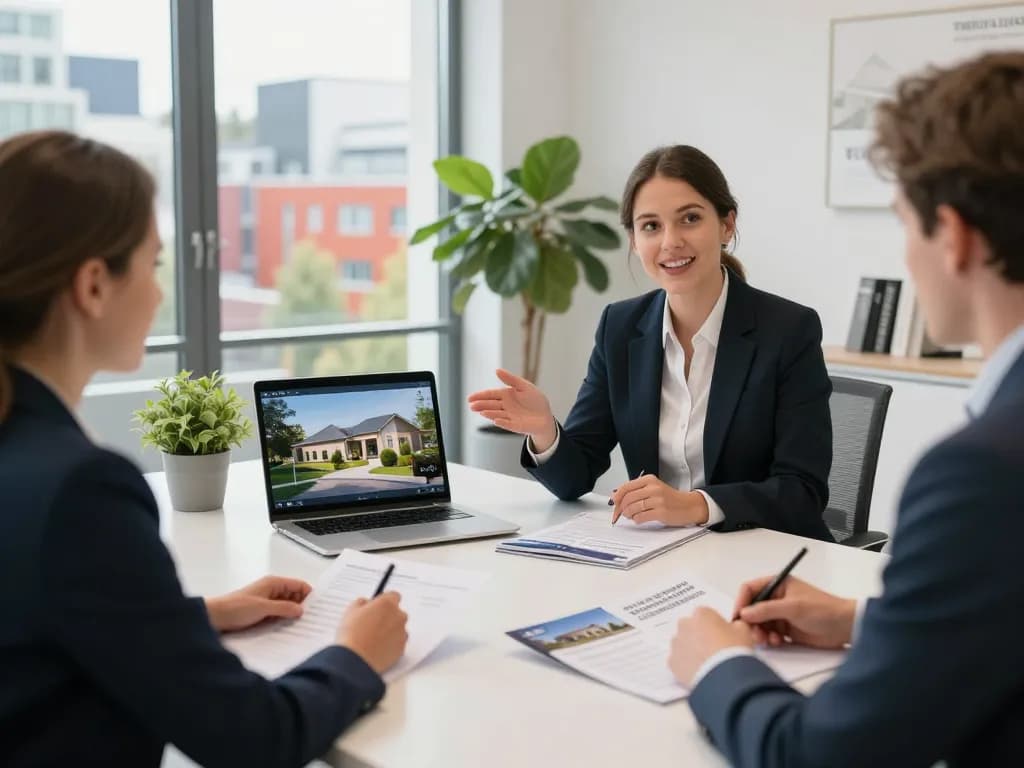 Immobilienmakler Frankfurt Riedberg Beratung mit Kunden, die Immobilienbroschüren in einem hellen modernen Büro präsentieren.