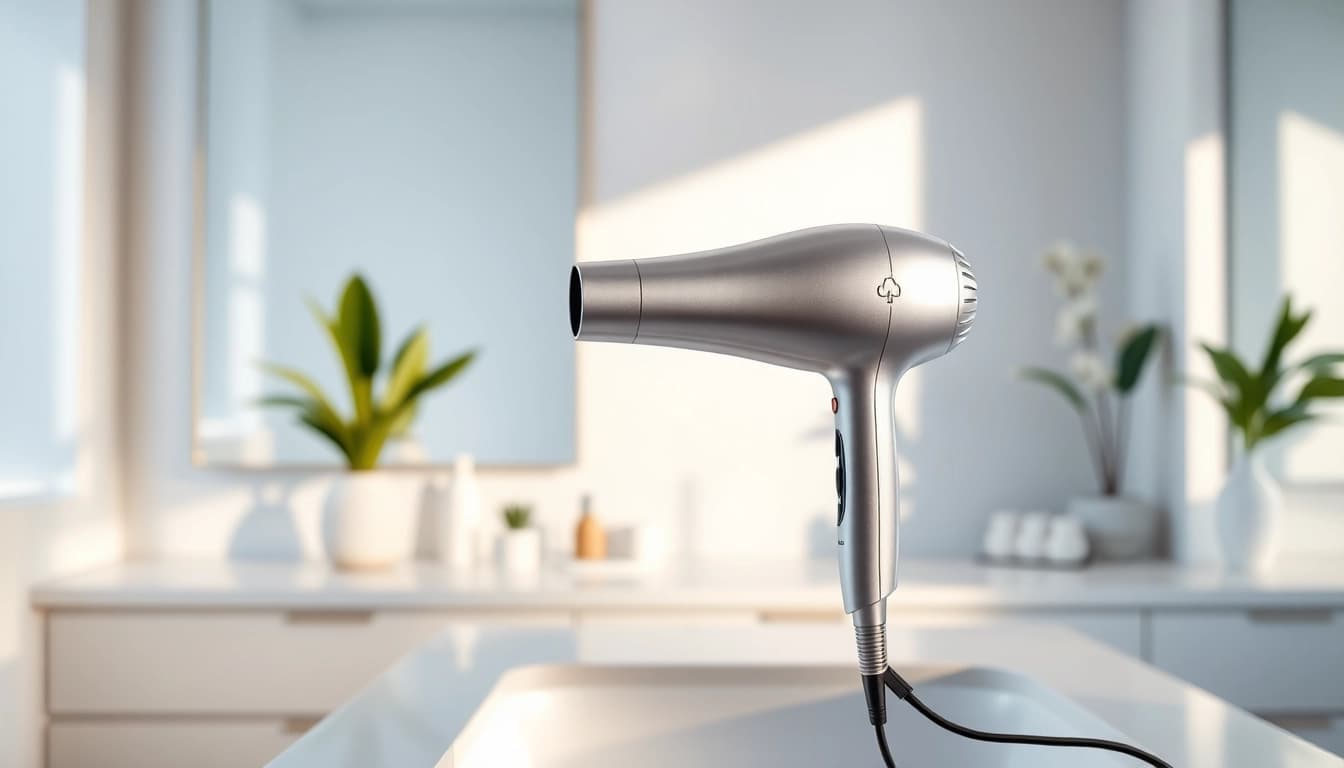 Die laifen föhn zeigt eine elegante Haarfrau in einem modernen Badezimmer.
