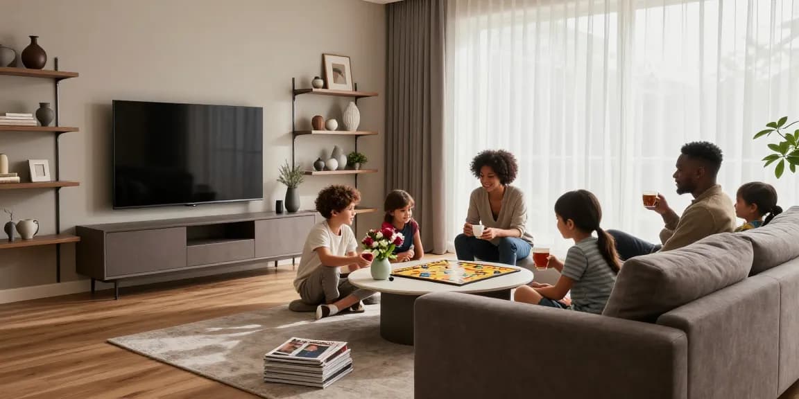 Moderne Wohnzimmer-Szene mit einer Familie, die gemeinsam Zeit verbringt, und stilvollen Möbeln, die perfekt für Möbel direkt bestellen geeignet sind.