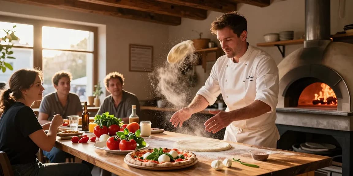 Dynamic chef preparing artisanal pizza at Pizzeria Madera, showcasing pg soft ingredients and warm ambiance.