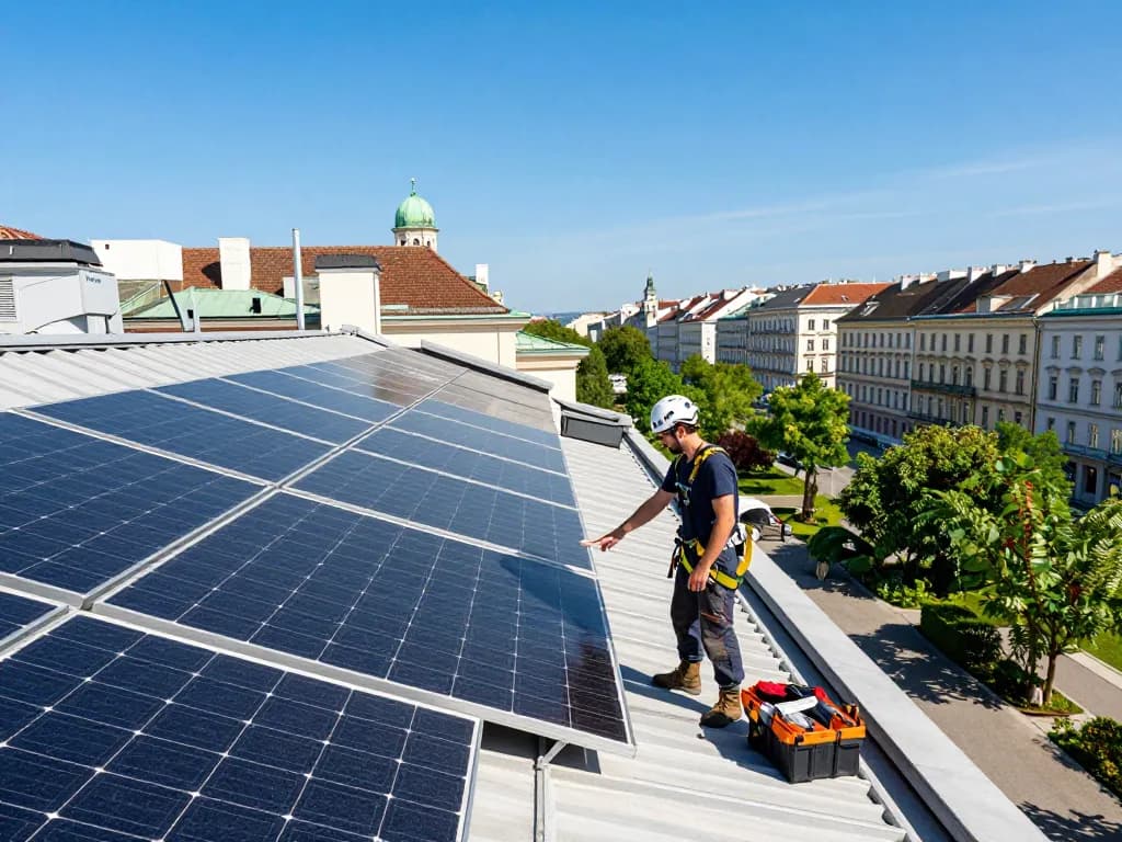 Photovoltaik Wien: Techniker inspiziert Solarpanels auf Wiener Dach.