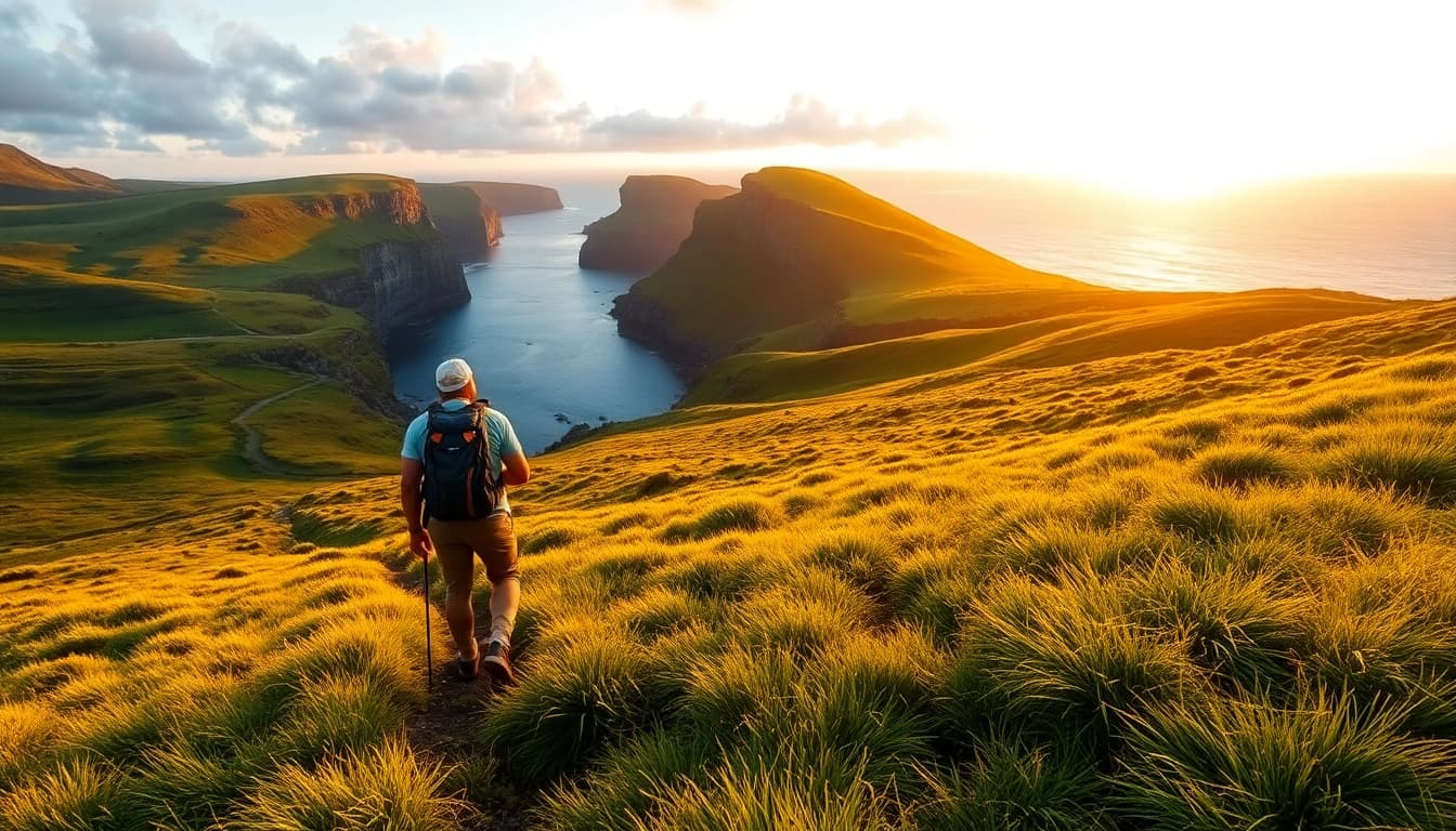 Irland wandern auf einem malerischen Wanderweg mit grünen Hügeln und dramatischen Klippen.