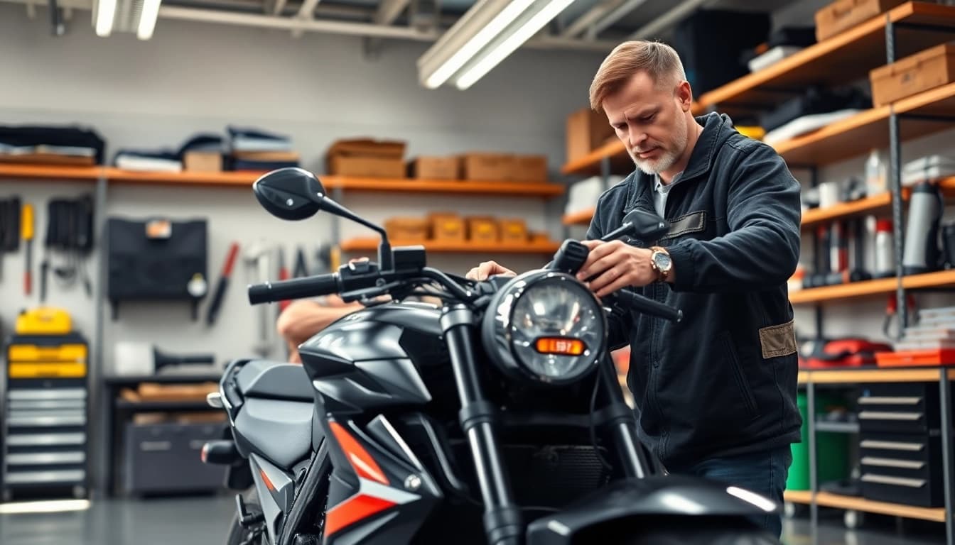 Professionelle Motorradgutachten Augsburg-Untersuchung in einer gut beleuchteten Garage.
