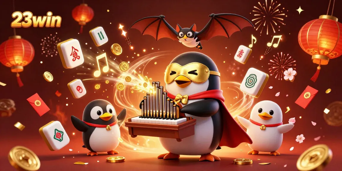 Watch the 23win penguin perform as golden coins fly, encircled by lucky symbols in a spectacular casino scene.