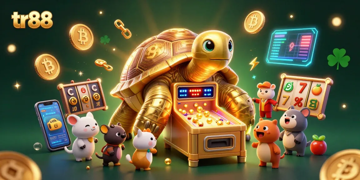Experience thrilling gameplay at TR88 with a golden tortoise pinball machine surrounded by exciting casino elements.