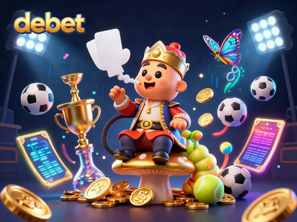 Experience the dynamic energy of debet with a vibrant 3D casino scene featuring sports betting elements and a whimsical caterpillar character.