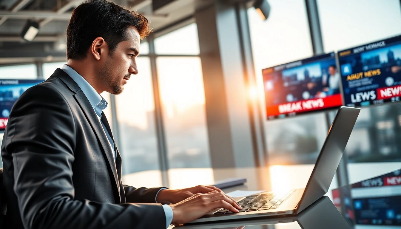 Aktuelle Meldungen: News reporter focuses on crafting urgent updates in a bustling newsroom.