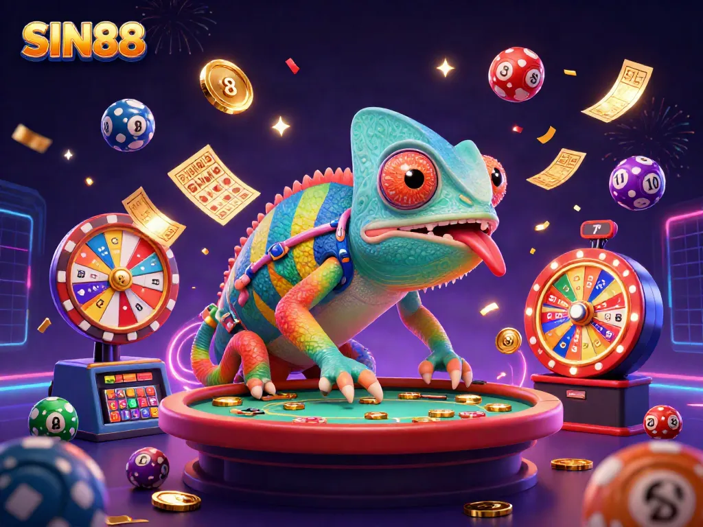 SIN88's colorful cartoon chameleon casino owner catching golden coins amidst gaming excitement.
