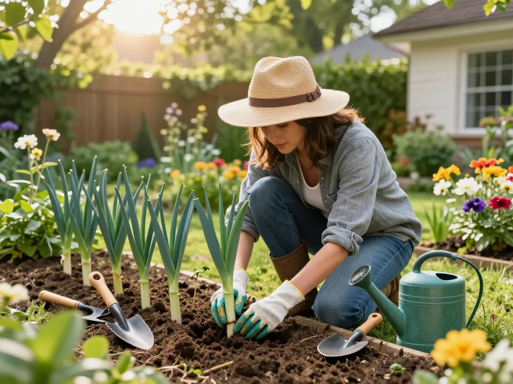 Gardener planting lauch pflanzen kaufen in a colorful home garden with tools and greenery.