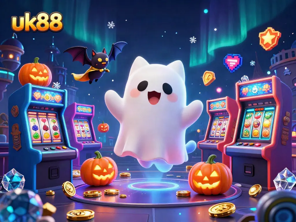 Experience thrilling jackpots at uk88 with a cartoon ghost cat navigating through a vibrant casino.
