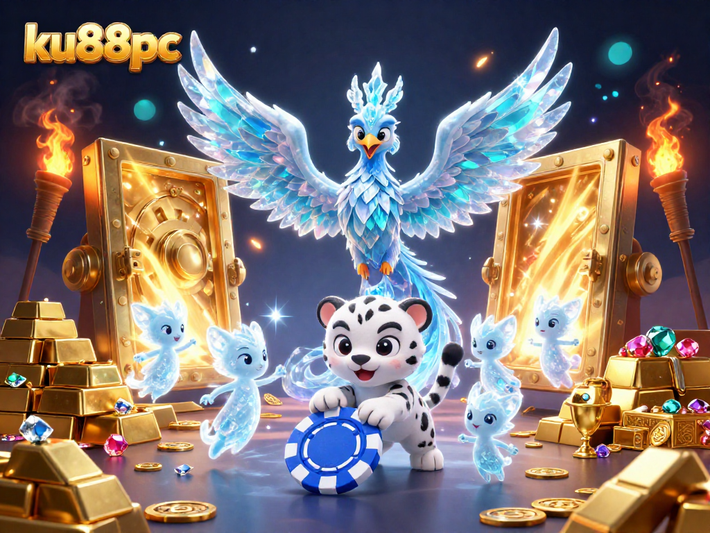 Engage with ku88pc's thrilling casino ambiance featuring vibrant characters and stunning gold elements.