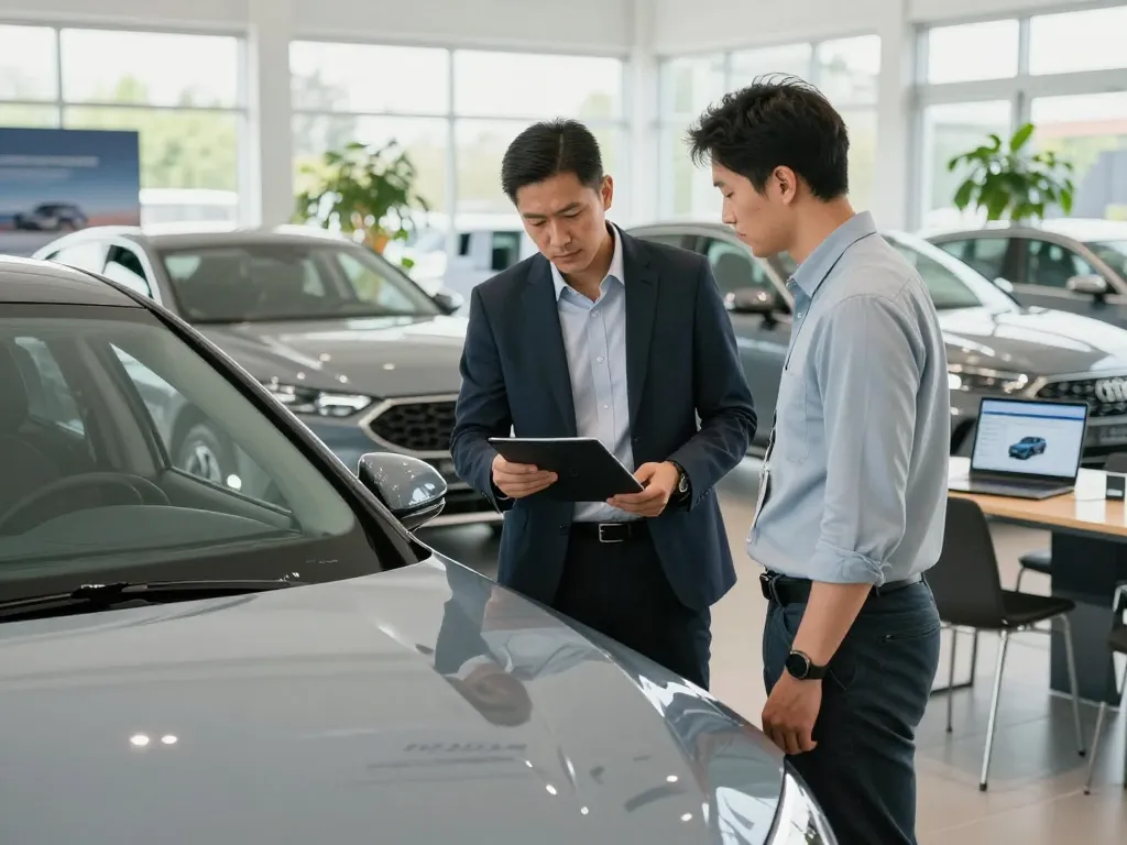 Kundenberatung zur Autohandel Fahrzeugbewertung in modernem Autohaus