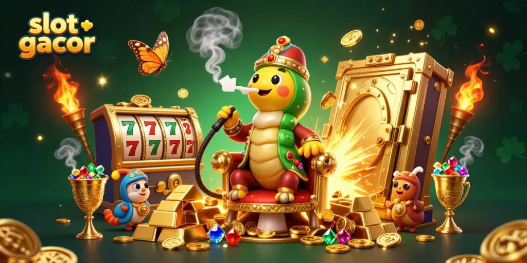 Engage in thrilling slot gacor action with the giant golden vault bursting with treasure and engaging characters.