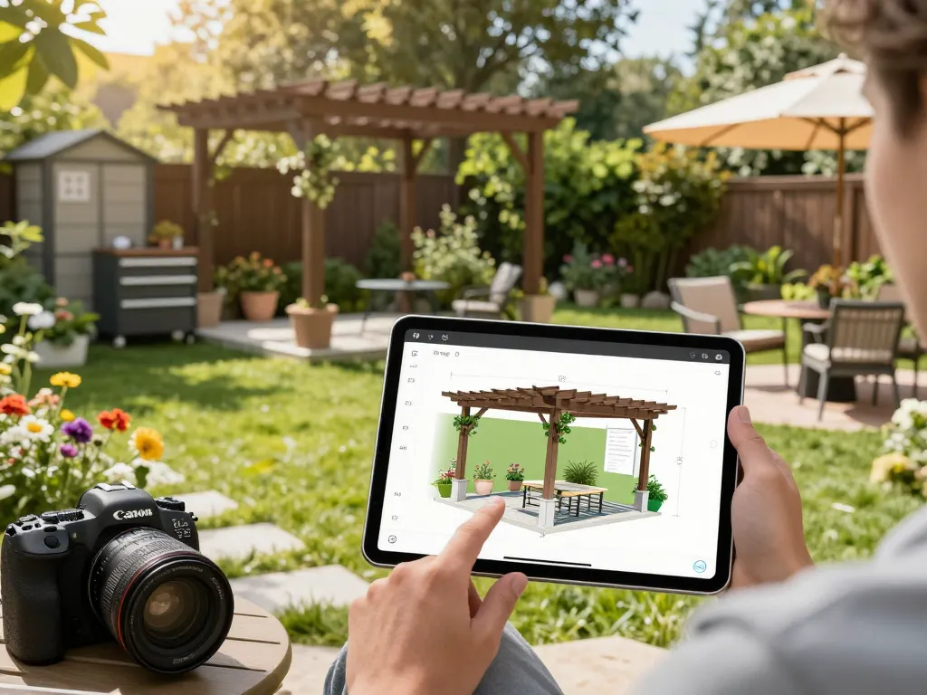 Interaktive Pergola 3D-Konfiguration auf einem Tablet in einer lebhaften Gartenumgebung.