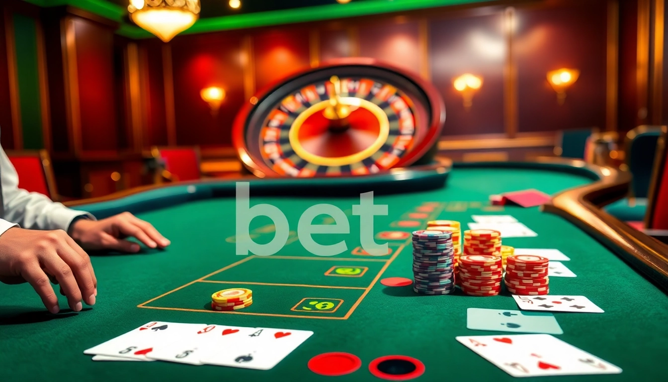 A luxurious casino scene showcasing a blackjack table and roulette wheel for 28 bet enthusiasts.