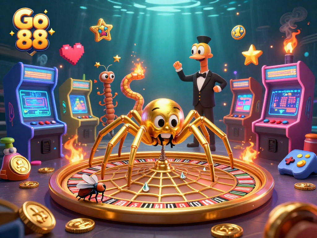 Engage with the exciting features of Go 88, highlighted by a 3D cartoon scene depicting a spider and a croupier in an animated casino.