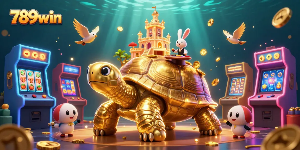Experience the excitement at 789win with a casino scene featuring a golden tortoise, game elements, and a rabbit dealer.