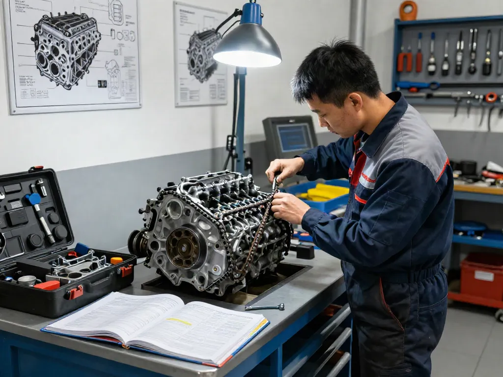 Mechaniker bei der Arbeit am BMW Steuerkettenwechsel in einer professionellen Werkstatt.