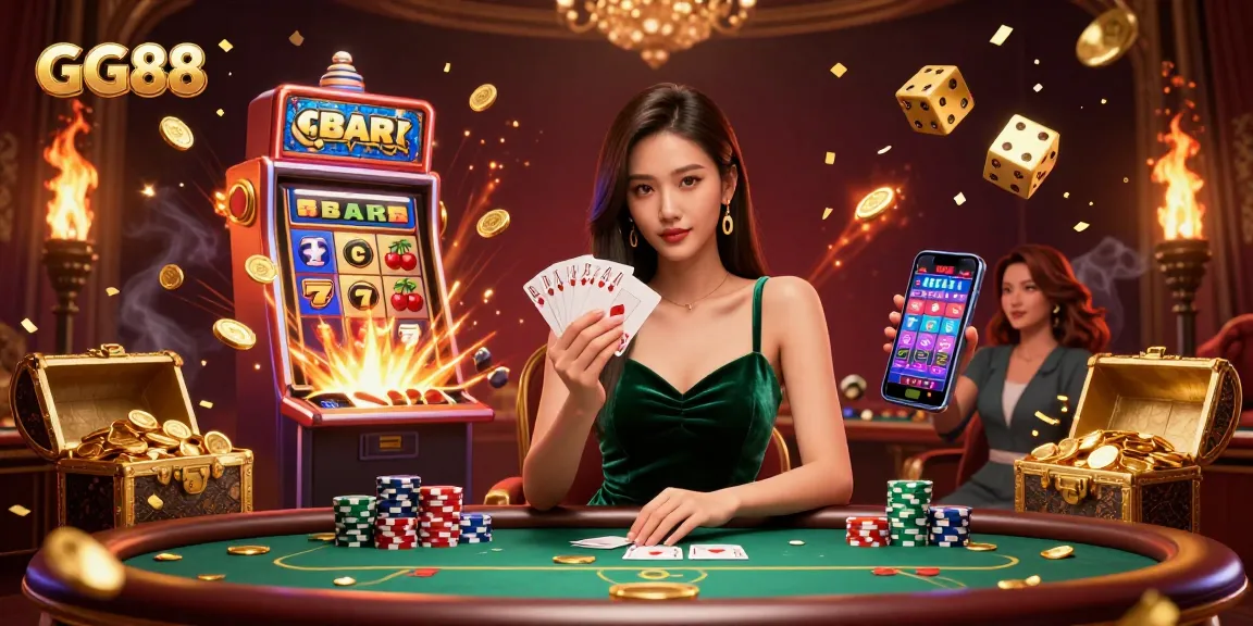 Experience thrilling moments at GG88 with a stunning poker game scene featuring a strategic woman at a luxury table surrounded by vibrant casino elements.