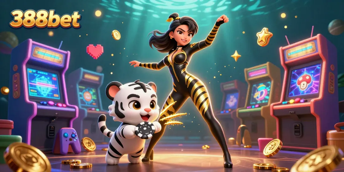 Win big at 388bet with vibrant characters playing high-energy casino games surrounded by glowing elements.
