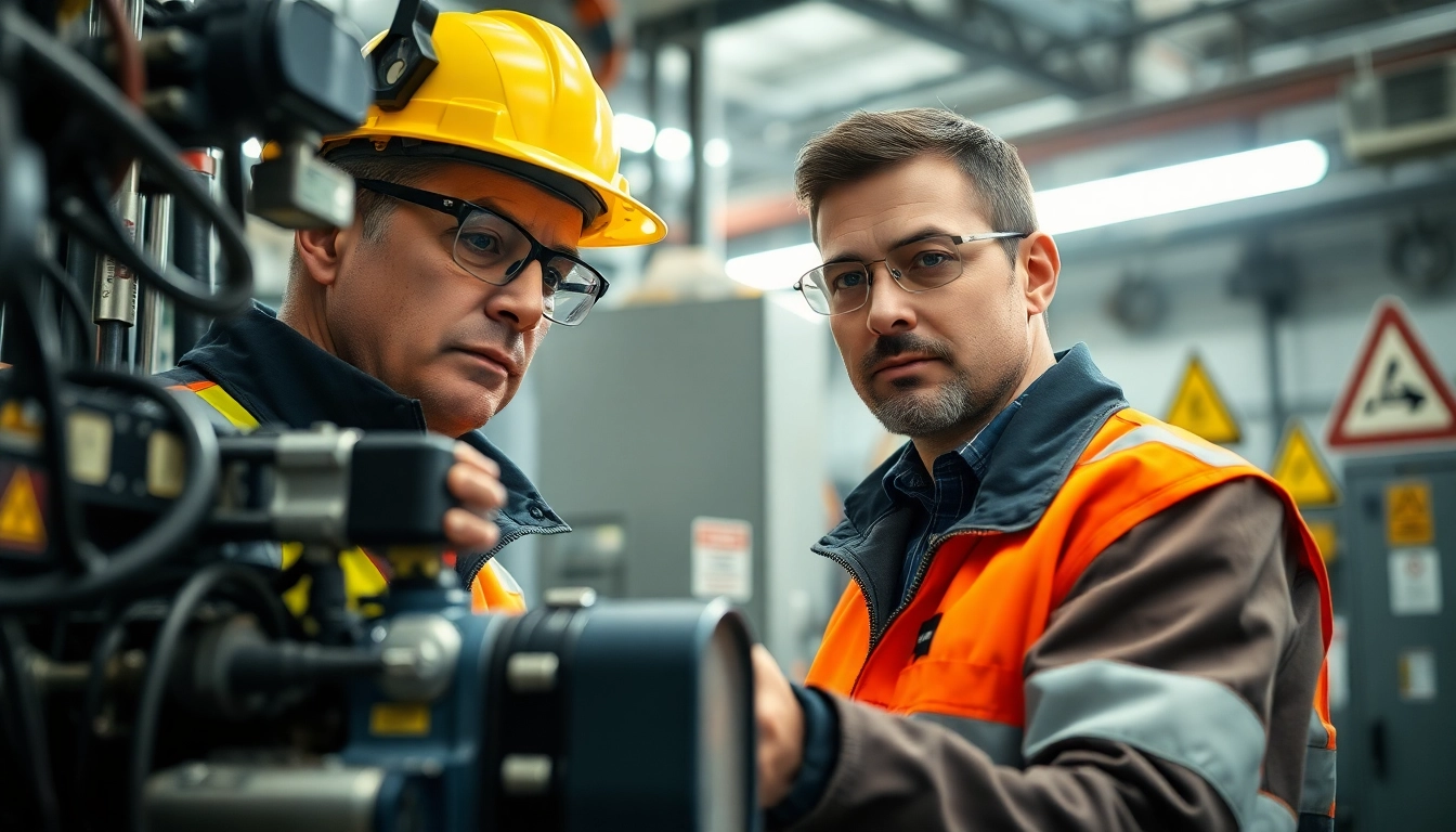 Technician performing DGUV V3 Prüfung with safety gear at an industrial site.