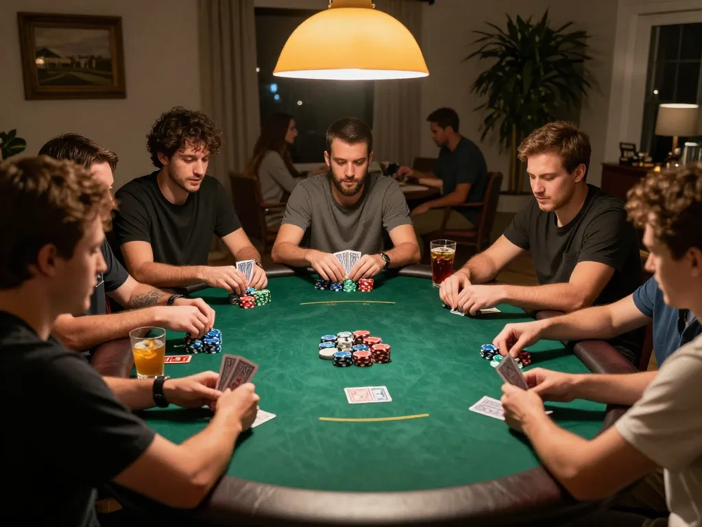Engaged players at a home poker night enjoying strategic f168 game with cards and chips on the table.