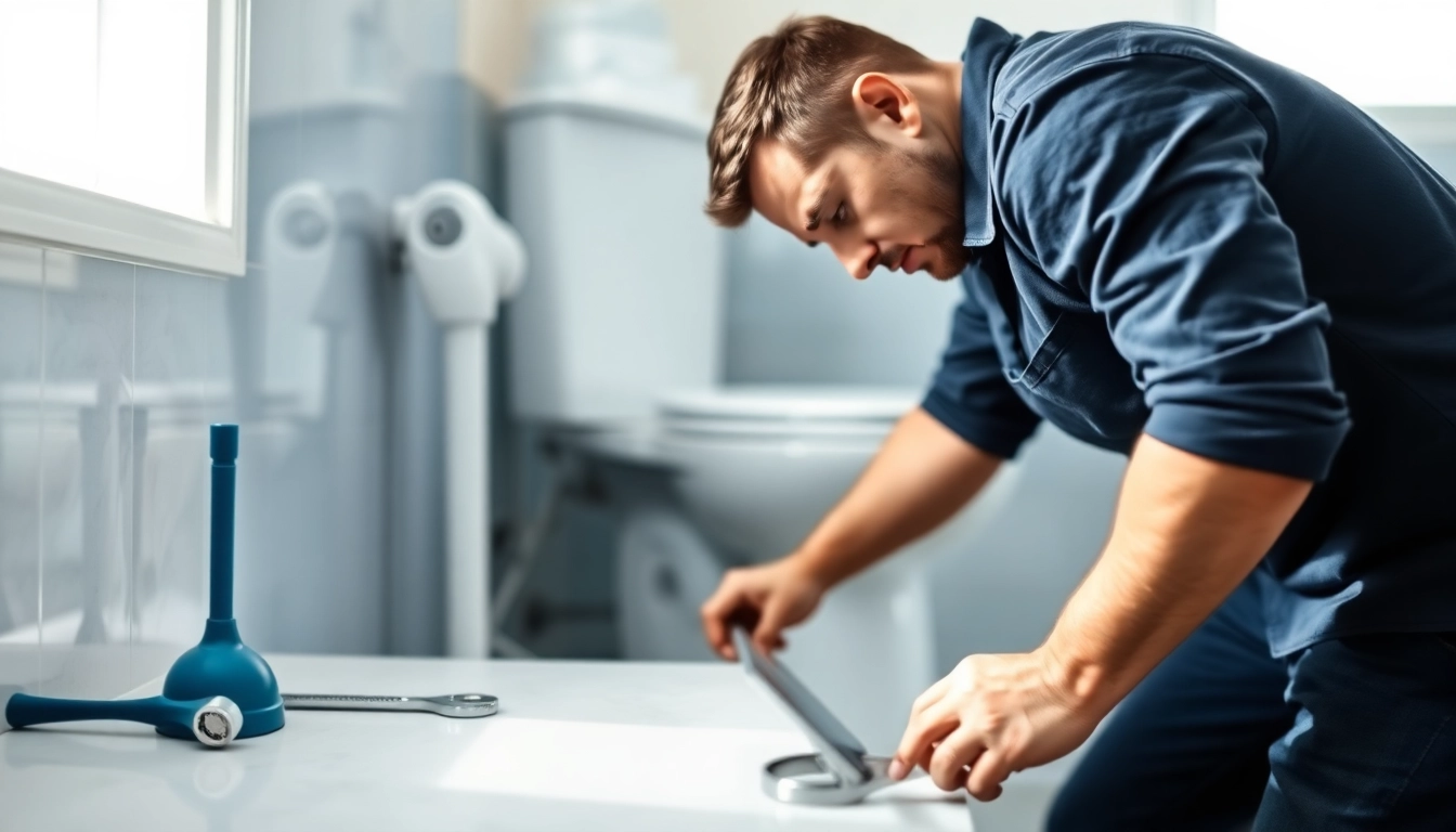 Expert performing toilet repair in a clean bathroom, showcasing professional plumbing skills.
