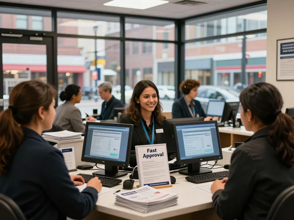 Engaging scene at an Edmonton payday loans office displaying friendly interaction and clear loan information.