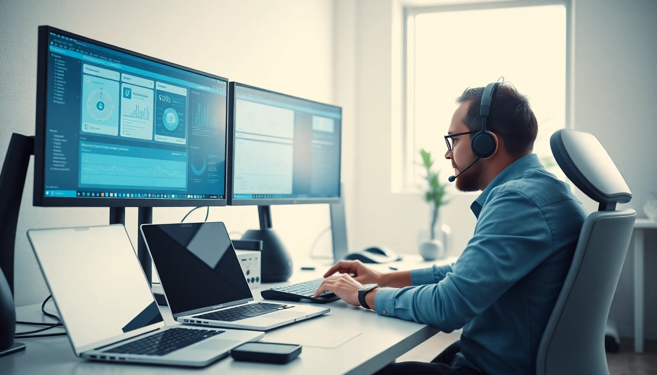 Effiziente Software Hilfe am modernen Arbeitsplatz mit Techniker und mehreren Monitoren.